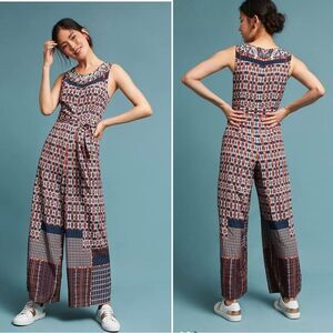 Anthropologie Bhanuni By Jyoti Rena Wide Leg Jumpsuit Beaded Boho Print Size XL